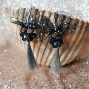 earrings with black tulle bows crochet flowers and silver color tassels