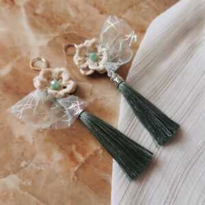 crochet flower earrings with tulle and green tassels
