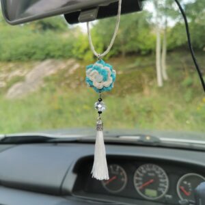 car pendant with crochet flower and white tassel