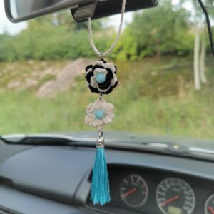 car pendant with crochet flowers and blue tassel