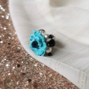 ring with blue crochet flower and beads